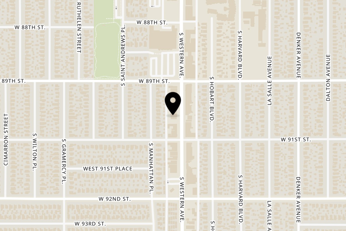 Map showing the location of Rhymesbury Jamaican Pastry cafe on 8937 S Western Ave in Los Angeles